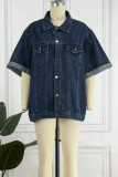 Street Solid Pocket Turndown Collar Half Sleeve Loose Denim Jacket