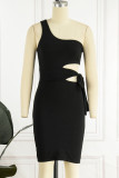 Sexy Solid Bandage Hollowed Out Oblique Collar Wrapped Skirt Dresses