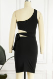 Sexy Solid Bandage Hollowed Out Oblique Collar Wrapped Skirt Dresses