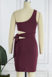 Sexy Solid Bandage Hollowed Out Oblique Collar Wrapped Skirt Dresses