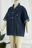 Street Solid Pocket Turndown Collar Half Sleeve Loose Denim Jacket