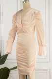 Solid Fold V Neck One Step Skirt Dresses