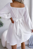 Elegant Simplicity Solid Color Stringy Selvedge Square Collar Waist Skirt Dresses