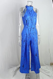 Casual Simplicity Print Patchwork Frenulum Halter Loose Jumpsuits