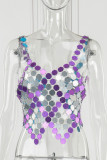 Sexy Patchwork Hollowed Out See-through Backless V Neck Tops