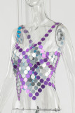 Sexy Patchwork Hollowed Out See-through Backless V Neck Tops