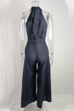 Casual Simplicity Print Patchwork Frenulum Halter Loose Jumpsuits