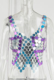 Sexy Patchwork Hollowed Out See-through Backless V Neck Tops