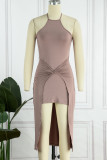Elegant Solid Backless Solid Color Halter Wrapped Skirt Dresses
