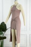 Elegant Solid Backless Solid Color Halter Wrapped Skirt Dresses
