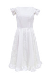 Elegant Simplicity Print Solid Color O Neck Waist Skirt Dresses