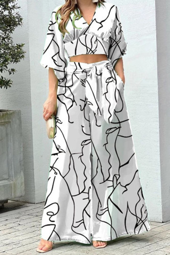 Elegant Print Frenulum V Neck Half Sleeve Two Pieces