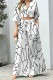 Elegant Print Frenulum V Neck Half Sleeve Two Pieces