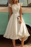 Elegant Simplicity Print Solid Color O Neck Waist Skirt Dresses