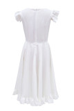 Elegant Simplicity Print Solid Color O Neck Waist Skirt Dresses