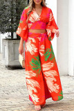 Elegant Print Frenulum V Neck Half Sleeve Two Pieces