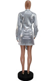 Street Elegant Geometric Sequins Patchwork Turndown Collar Shirt Dress Dresses