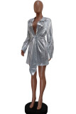 Street Elegant Geometric Sequins Patchwork Turndown Collar Shirt Dress Dresses