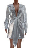 Street Elegant Geometric Sequins Patchwork Turndown Collar Shirt Dress Dresses