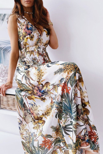 Sexy Elegant Print V Neck Waist Skirt Dresses