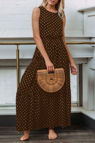Casual Dot Patchwork O Neck Waist Skirt Dresses