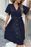 Elegant Simplicity Solid Frenulum Buckle V Neck A Line Dresses