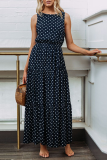Casual Dot Patchwork O Neck Waist Skirt Dresses