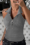 Sexy Street Solid Zipper Halter Tops
