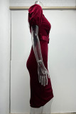 Elegant Solid With Belt Asymmetrical V Neck One Step Skirt Dresses