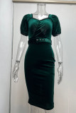 Elegant Solid With Belt Asymmetrical V Neck One Step Skirt Dresses
