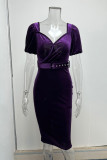 Elegant Solid With Belt Asymmetrical V Neck One Step Skirt Dresses