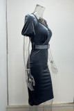 Elegant Solid With Belt Asymmetrical V Neck One Step Skirt Dresses