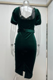 Elegant Solid With Belt Asymmetrical V Neck One Step Skirt Dresses
