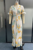 Casual Print Contrast V Neck Waist Skirt Dresses