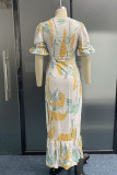 Casual Print Contrast V Neck Waist Skirt Dresses