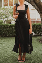 Elegant Simplicity Solid Slit Solid Color Square Collar A Line Dresses