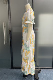 Casual Print Contrast V Neck Waist Skirt Dresses