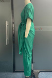Casual Solid Frenulum V Neck Regular Jumpsuits