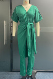 Casual Solid Frenulum V Neck Regular Jumpsuits