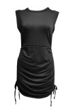Work Solid Draw String Solid Color O Neck A Line Dresses