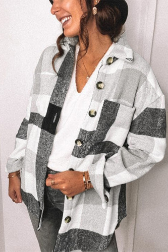 Casual Plaid Pocket Buckle Turndown Collar Tops