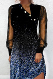 Elegant Print Patchwork Buttons Mesh V Neck Princess Dresses