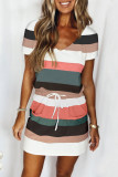 Casual Striped Draw String V Neck A Line Dresses