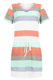 Casual Striped Draw String V Neck A Line Dresses