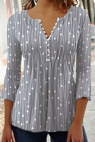 Casual Simplicity Dot Buttons Printing V Neck Tops