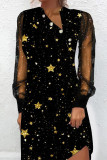Elegant Print Patchwork Buttons Mesh V Neck Princess Dresses