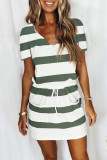 Casual Striped Draw String V Neck A Line Dresses