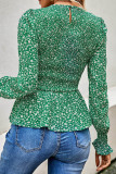 Sweet Elegant Floral Fold Printing O Neck Tops