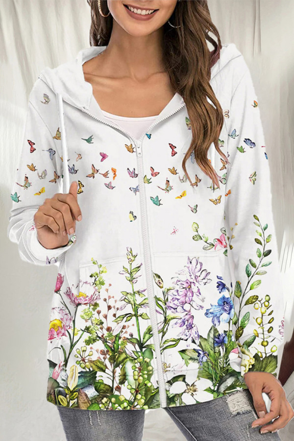 Casual Floral Pocket Hooded Collar Tops
