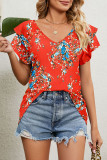 Casual Sweet Floral Flounce V Neck T-Shirts